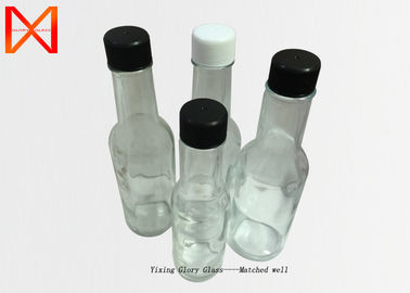 Black Cap BBQ Hot Tomato Sauce Bottle Woozy Style Clear Round Shaped Transparent